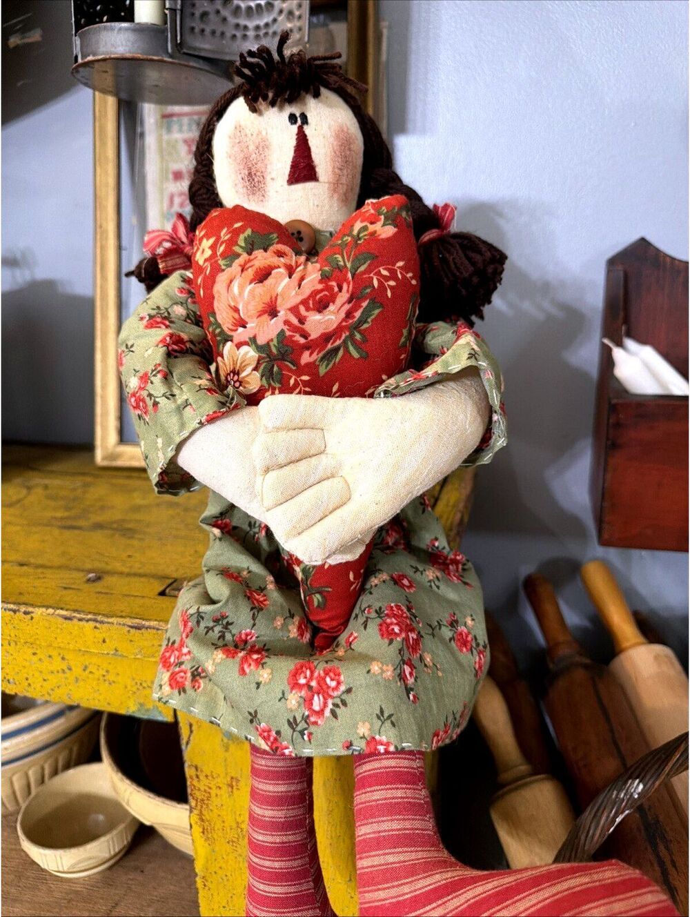 Primitive Handmade Cloth Rag Doll Shelf Sitter Country Farmhouse Rustic Decor